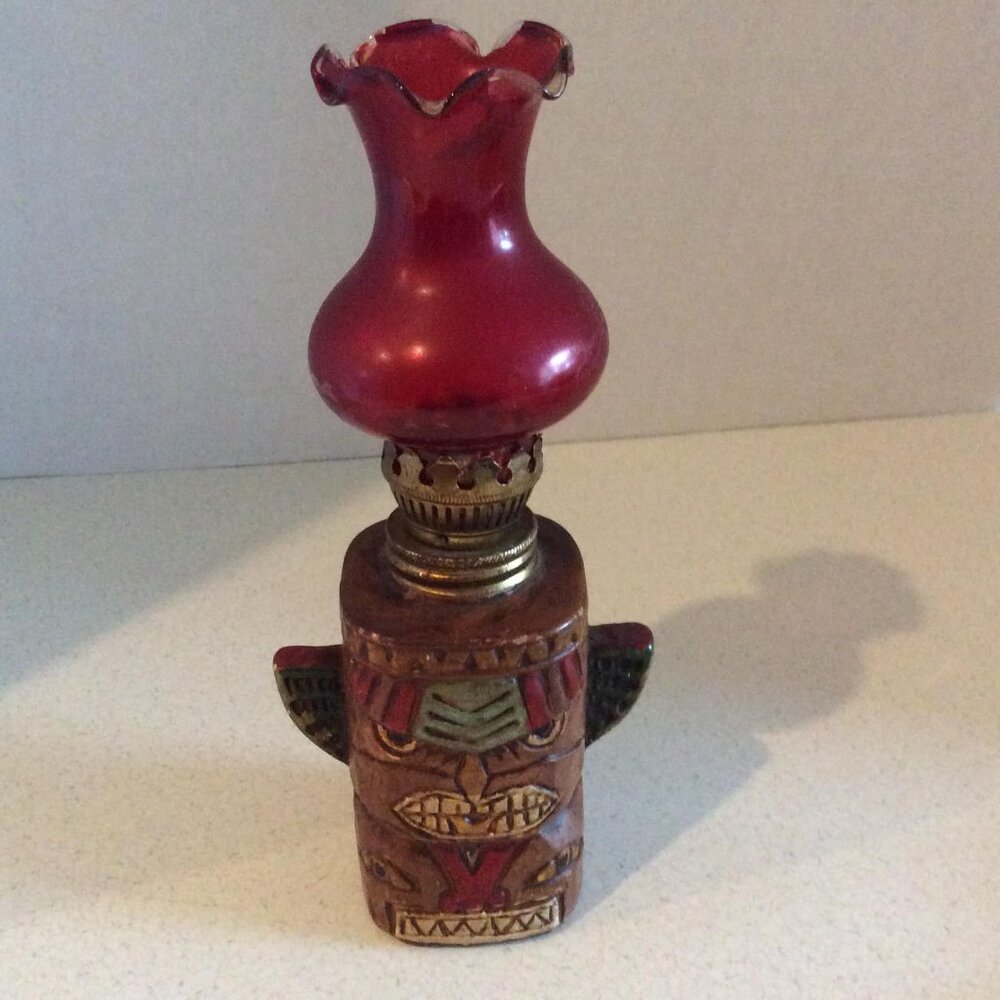 Vintage 1960s Ruby Red Flash Tiki Totem Pole Ceramic Figural Oil Lamp